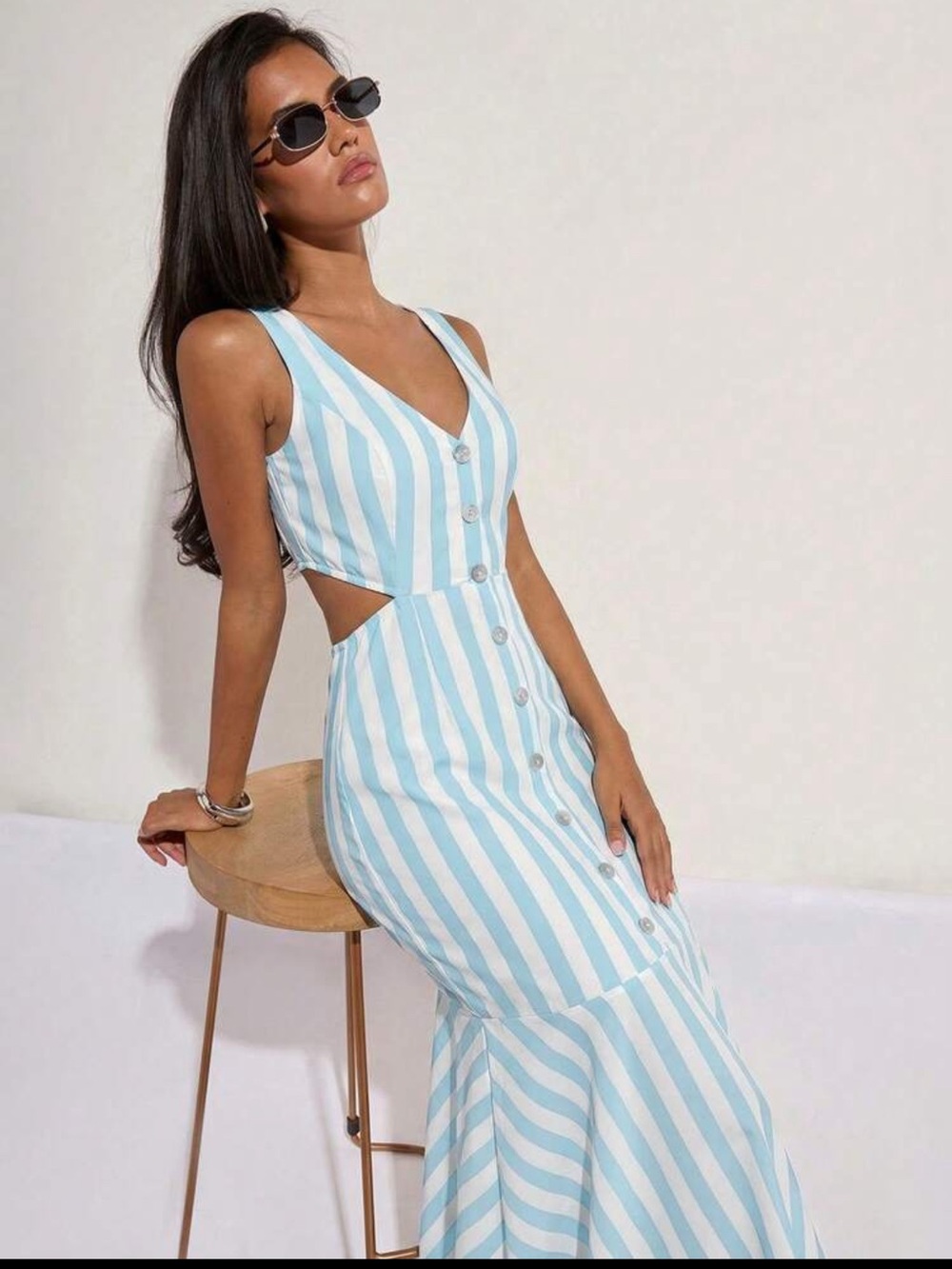 SHEIN Blue & White Striped Button-Front Cutout Maxi Dress